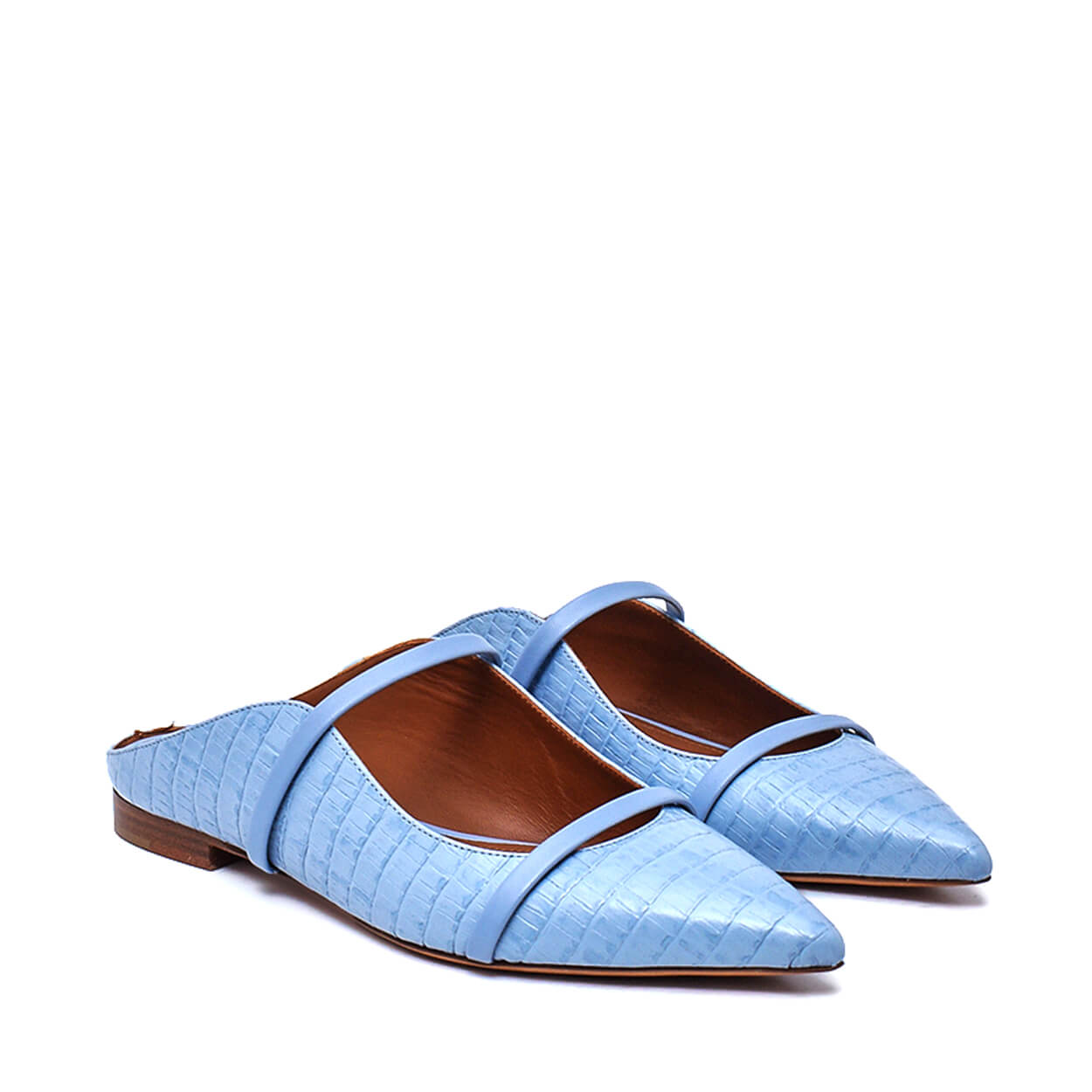 Malone Souliers -Blue Croc Print Leather Maureen 70 Flat Mule 38,5